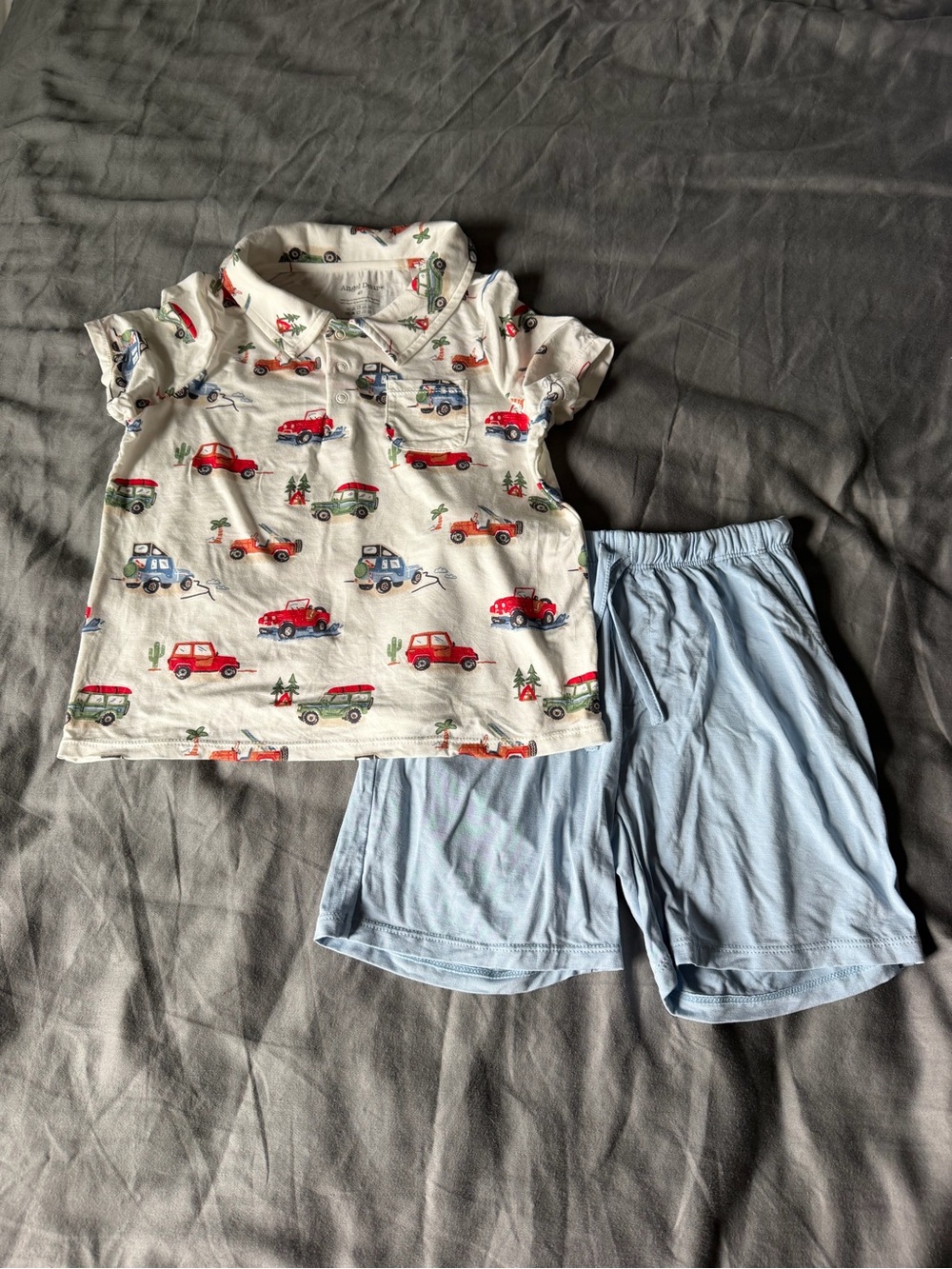 Angel Dear Bamboo White Polo Shirt with Red, Blue, Green Off Road Car Print